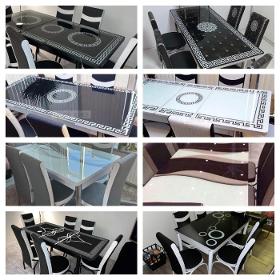 Tempered Glass Top Digital Laser Print Table Set with 6 chai